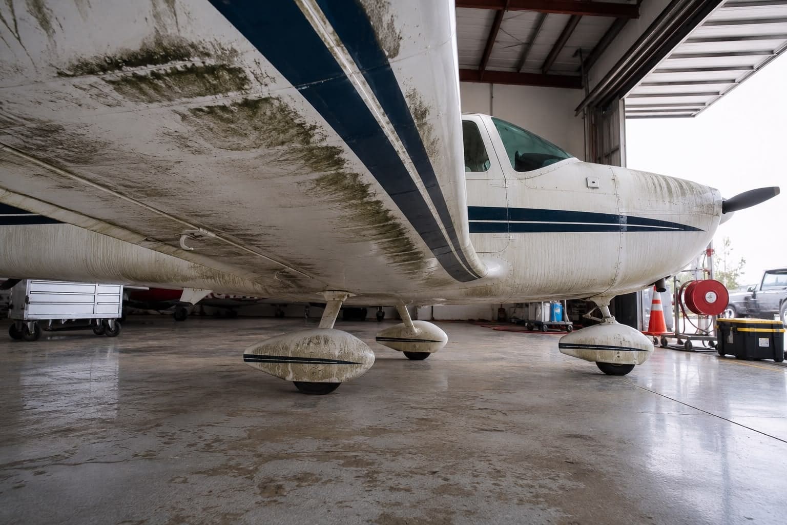 A light aircraft's underside in a hangar, streaked with exhaust grime, before cleaning