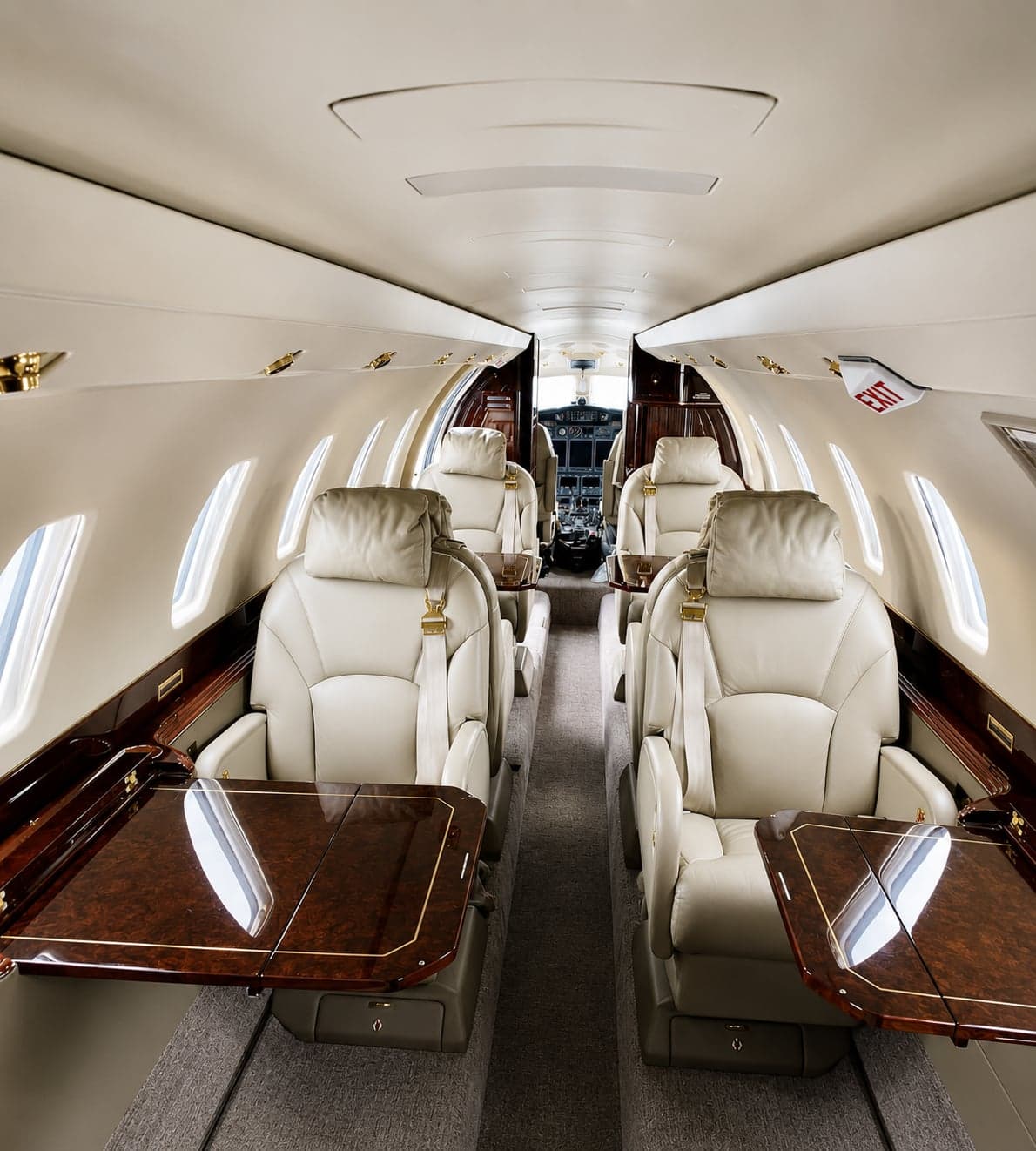 A pristine private jet cabin interior — leather seating and wood trim