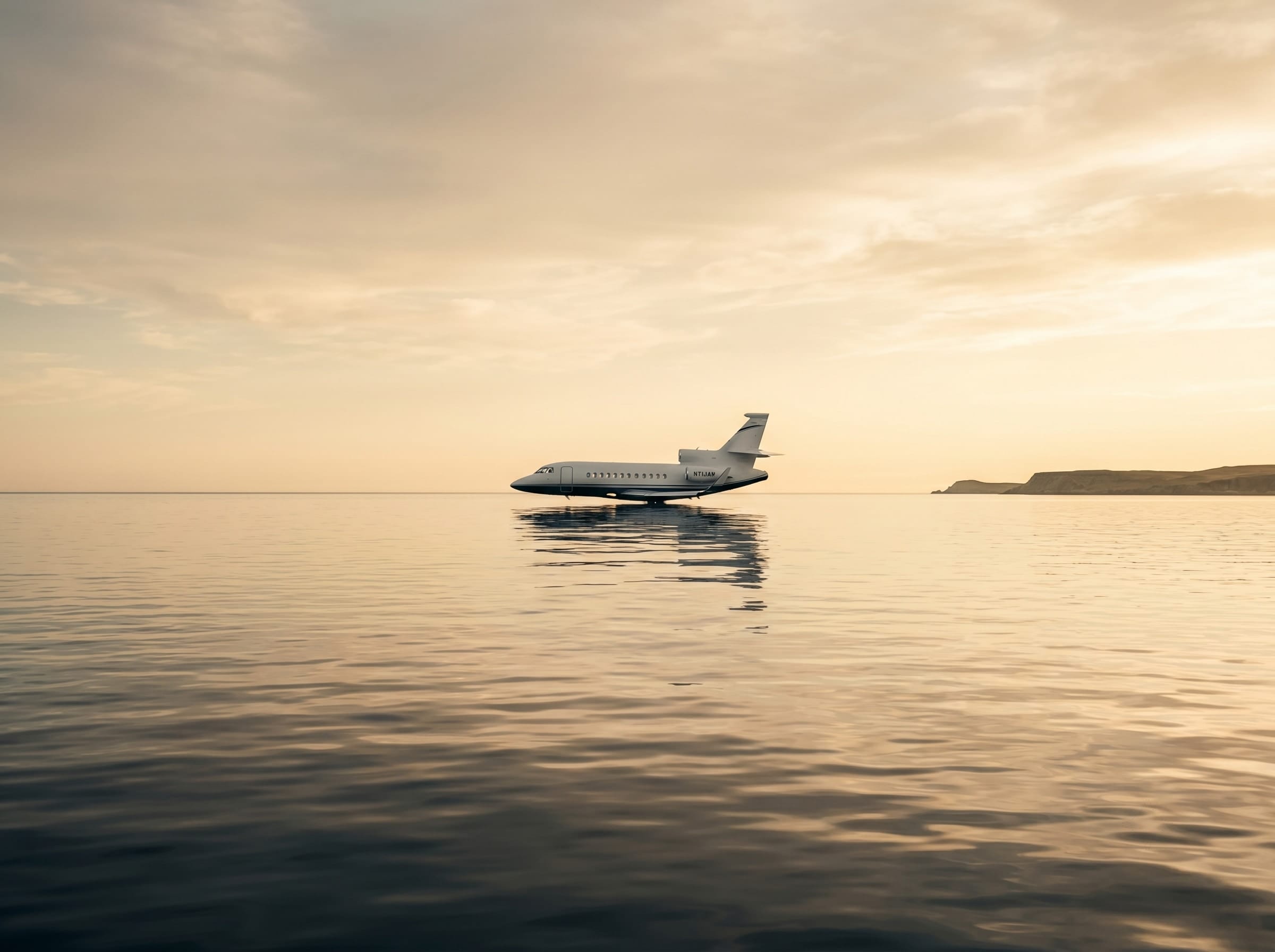 A private business jet on a wet apron at blue-hour, a vast sky and distant hangar behind