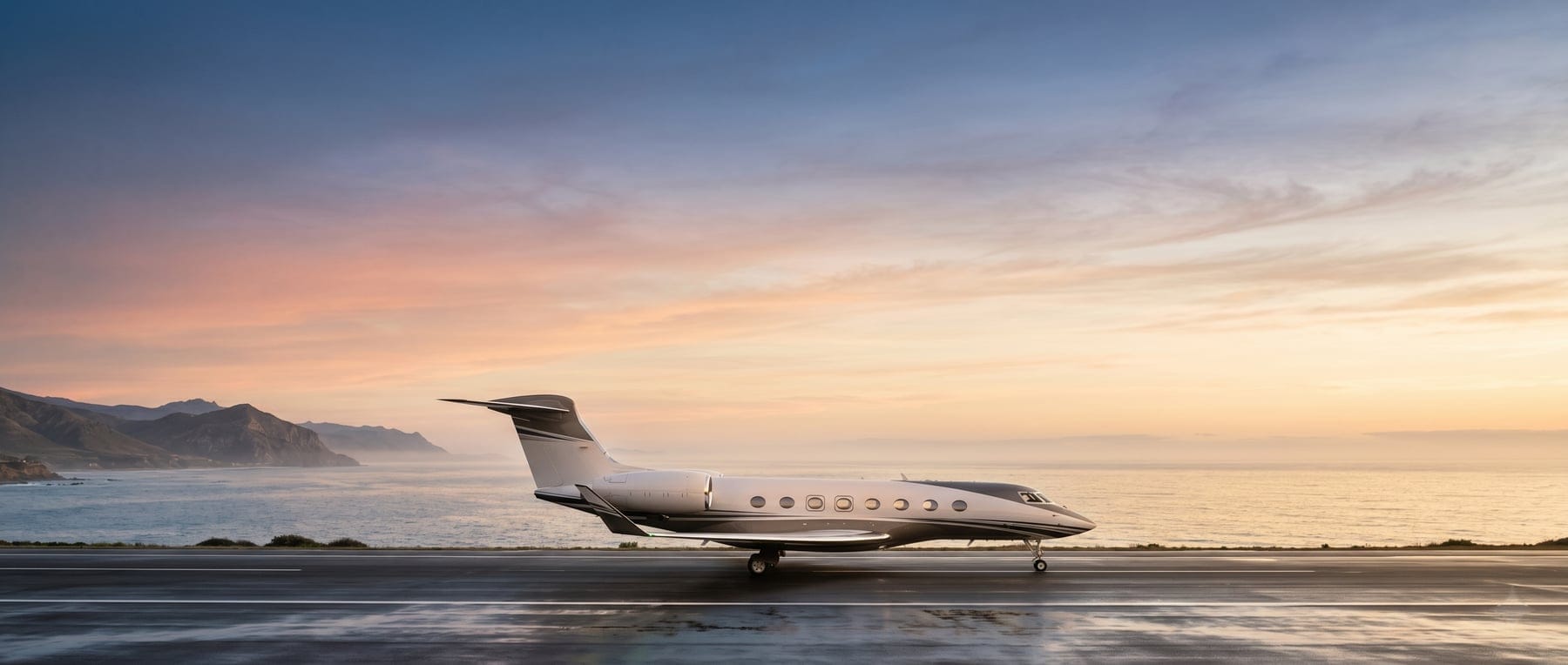 A private jet on a coastal runway at sunset, ocean and mountains beyond