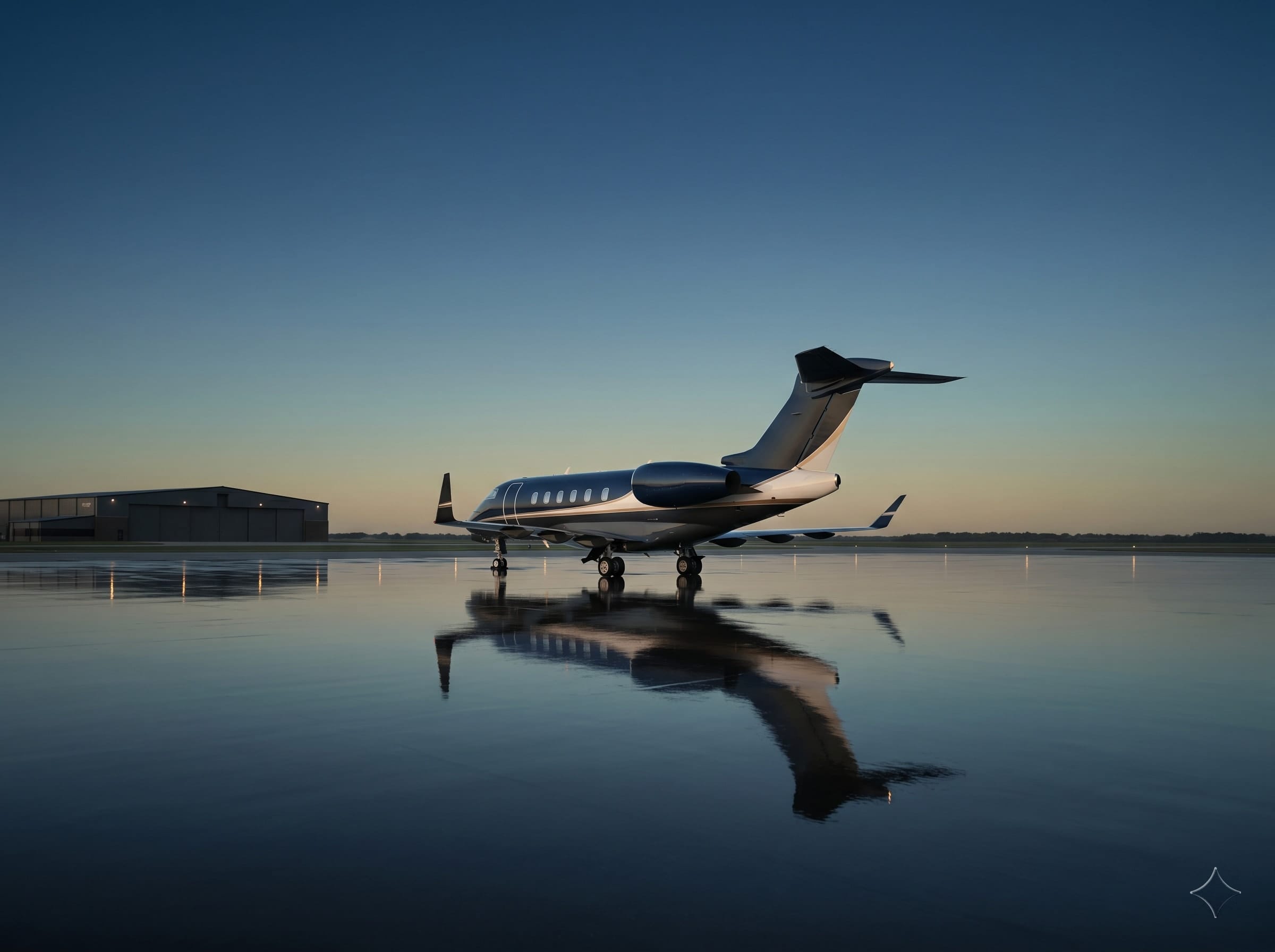 A private business jet on a mirror-wet apron at blue hour