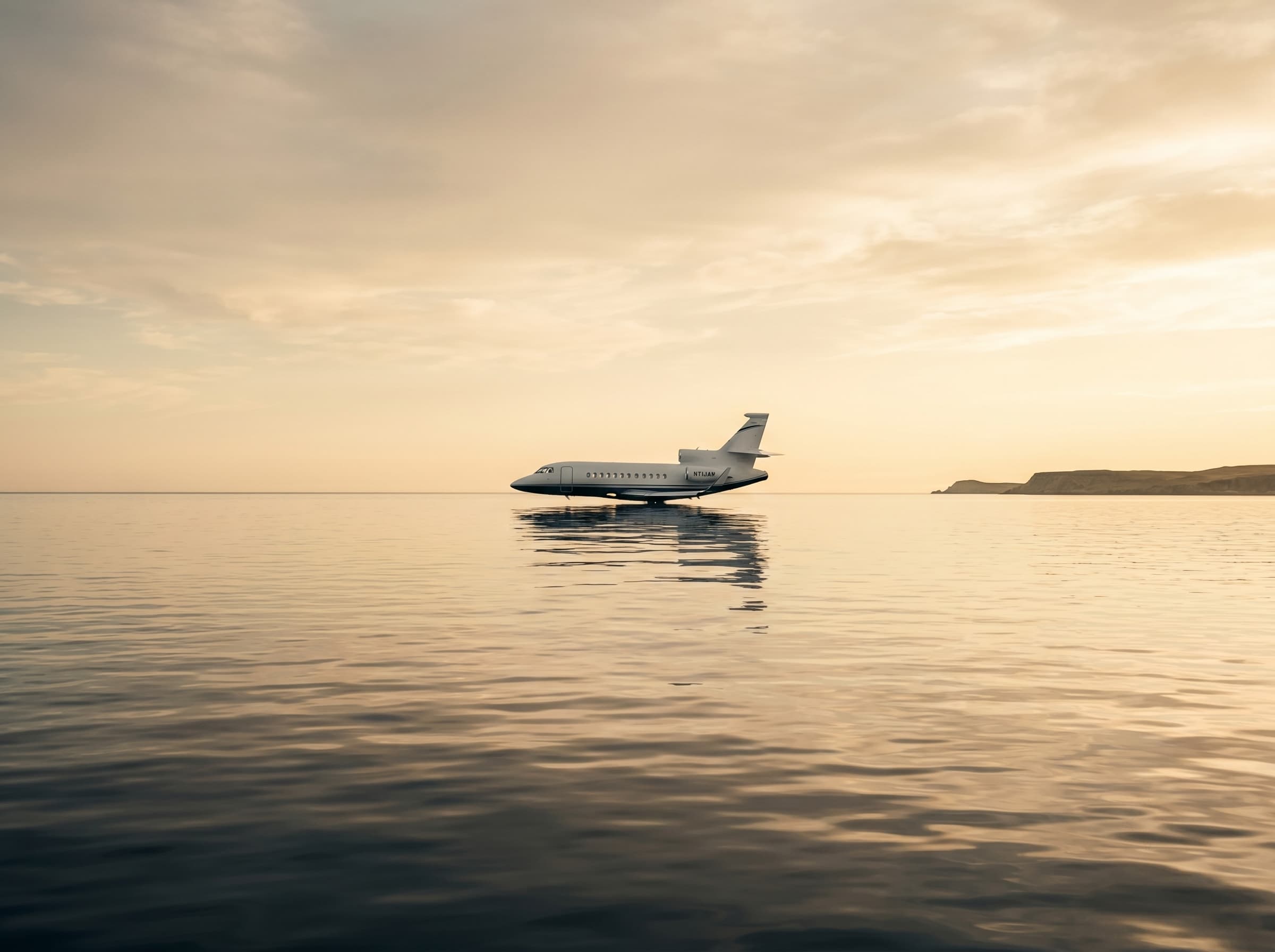A private business jet on a mirror-wet apron at blue hour