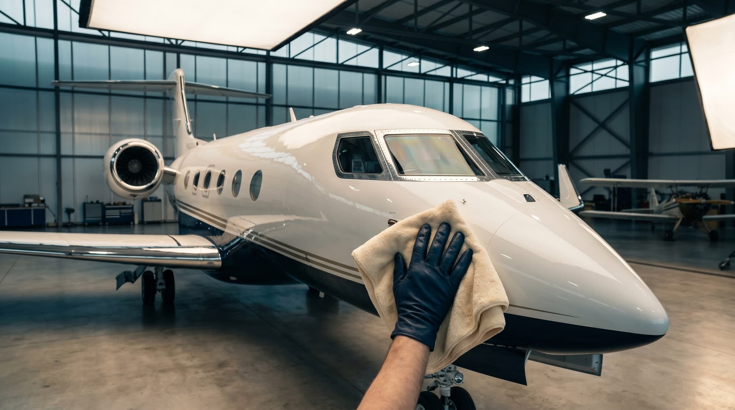 A private jet's exterior being hand-washed and detailed