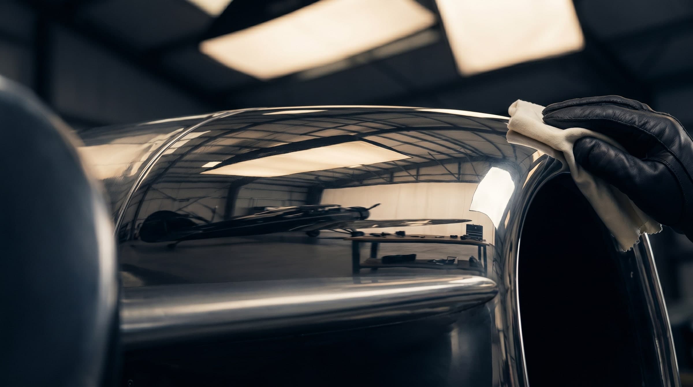 An aircraft's polished metal brightwork, mirror-bright