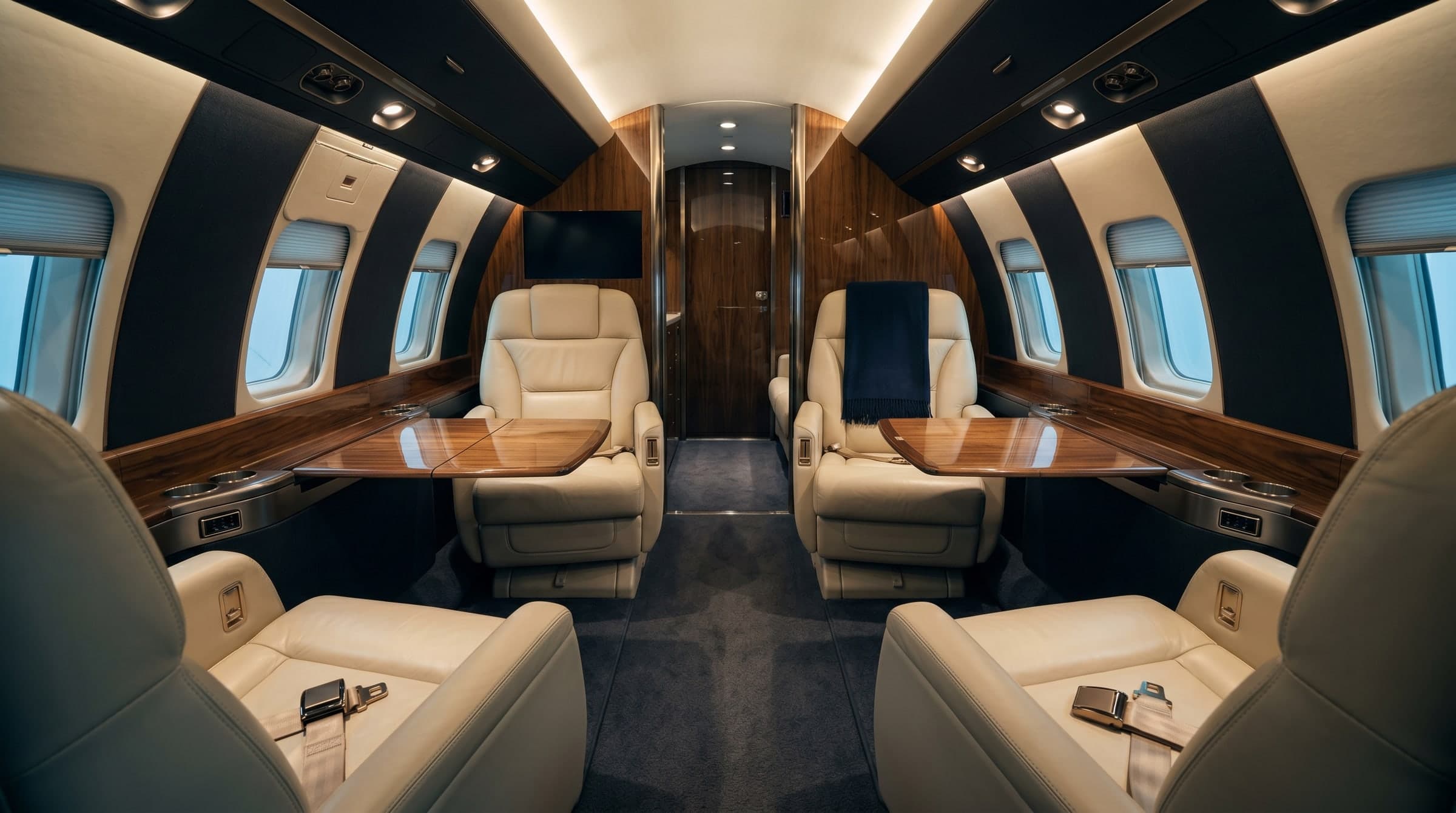 A private jet cabin with conditioned leather seating