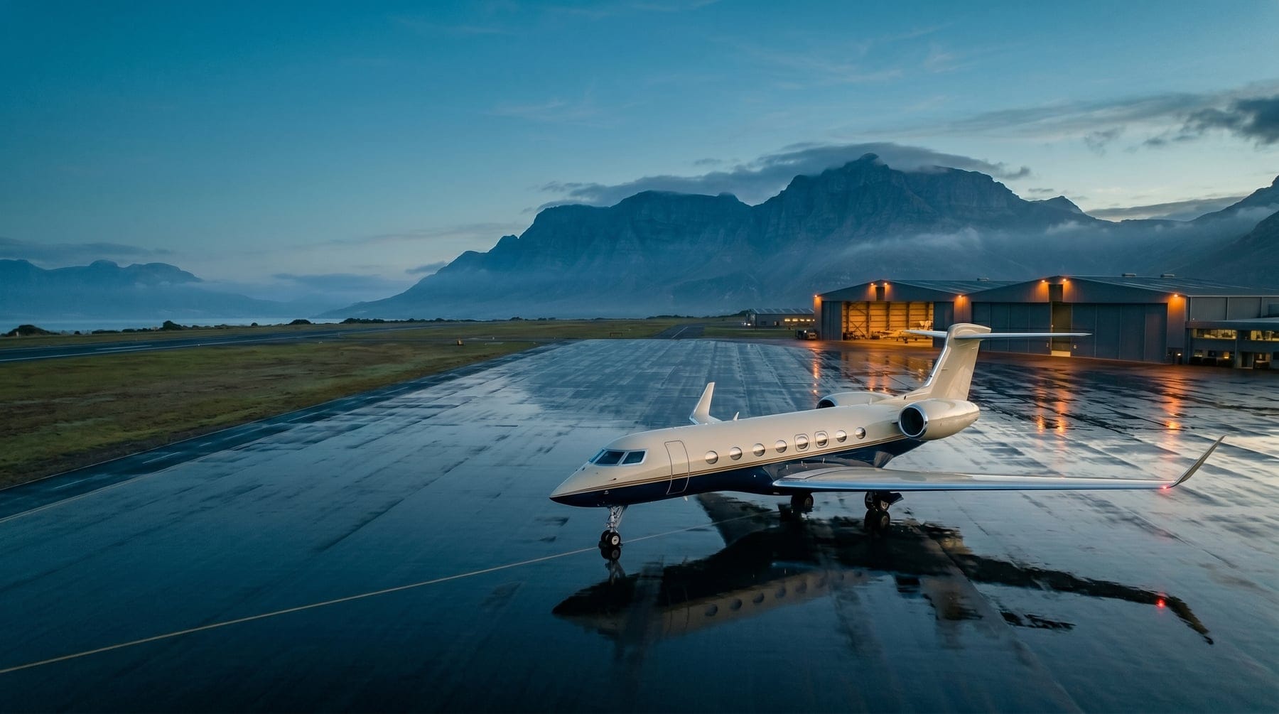 A private jet on a wet apron at blue hour, mountains and lit hangars beyond
