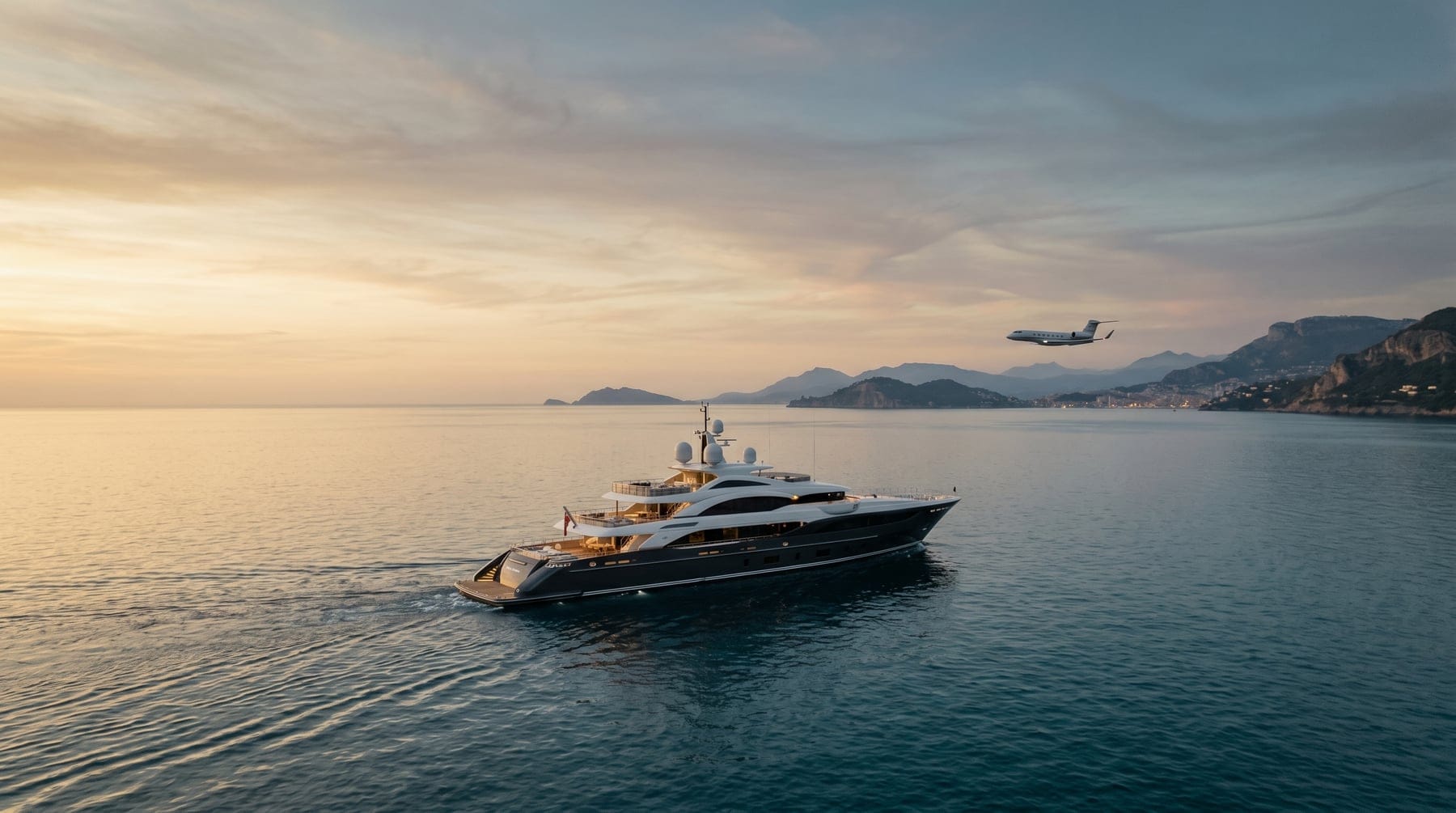A superyacht cruising at sunset with a private jet passing overhead