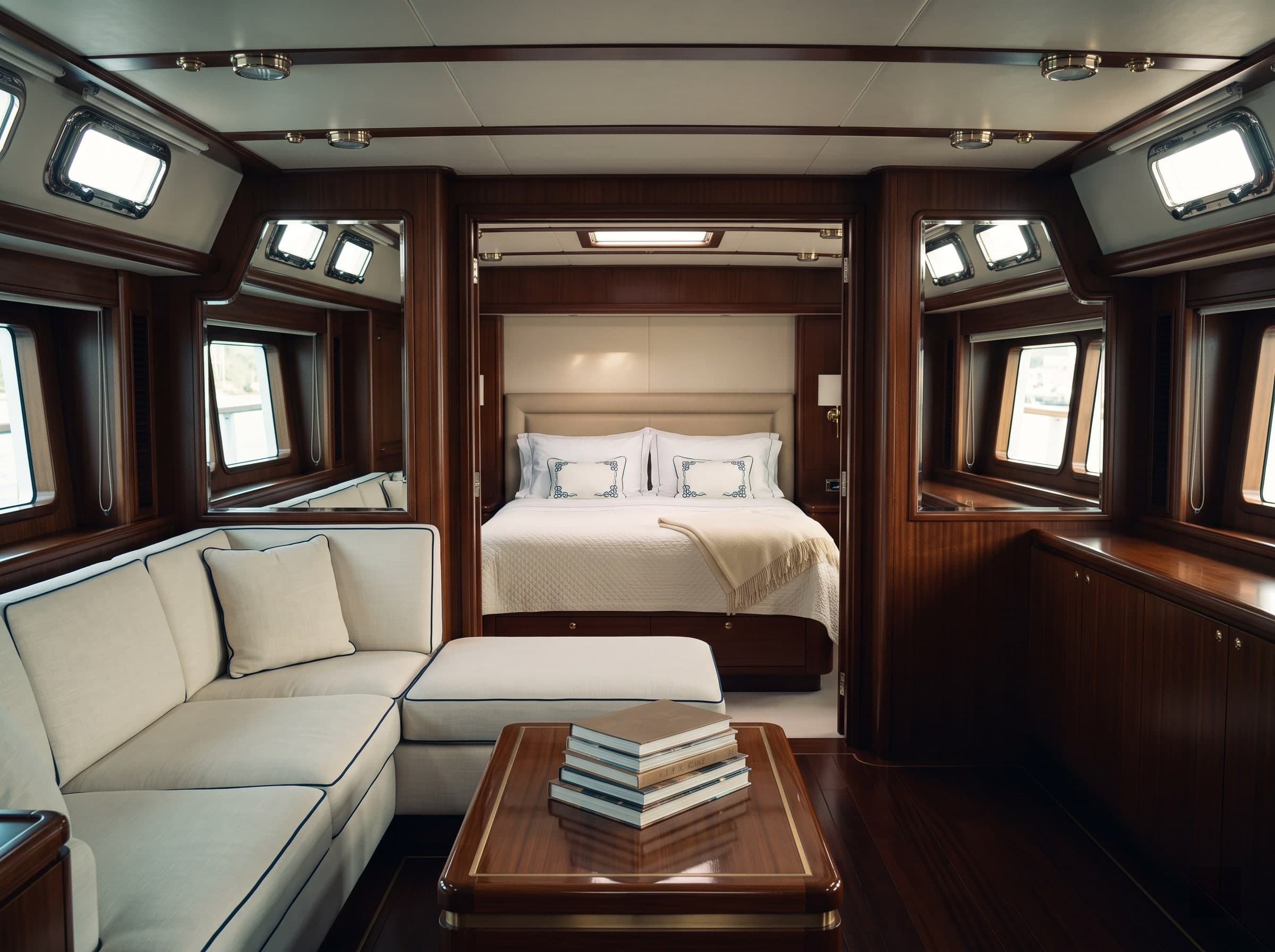 An immaculate, dry luxury yacht saloon interior — preserved staterooms and joinery