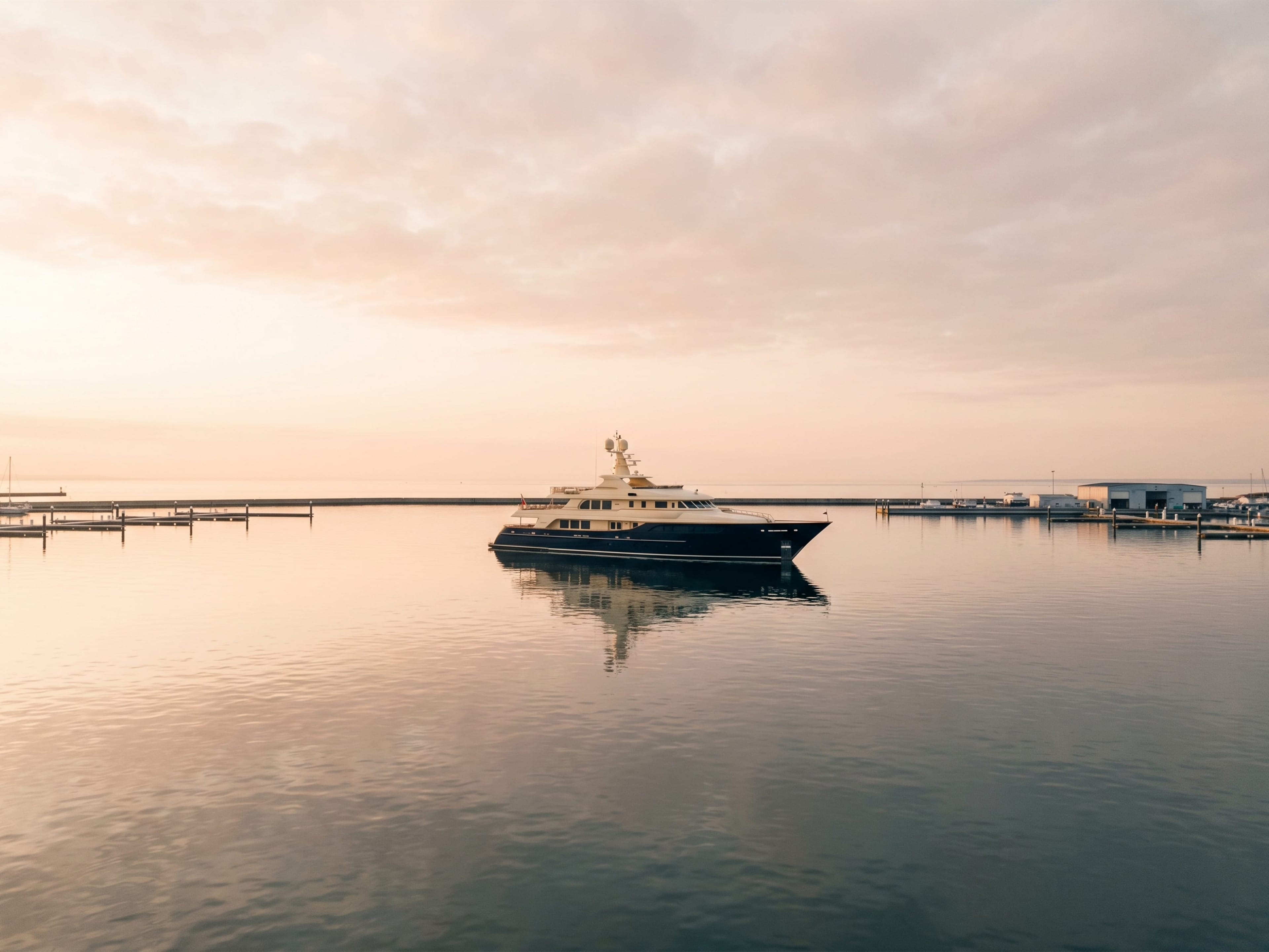 A superyacht at a marina berth at warm dawn, a vast champagne sky above