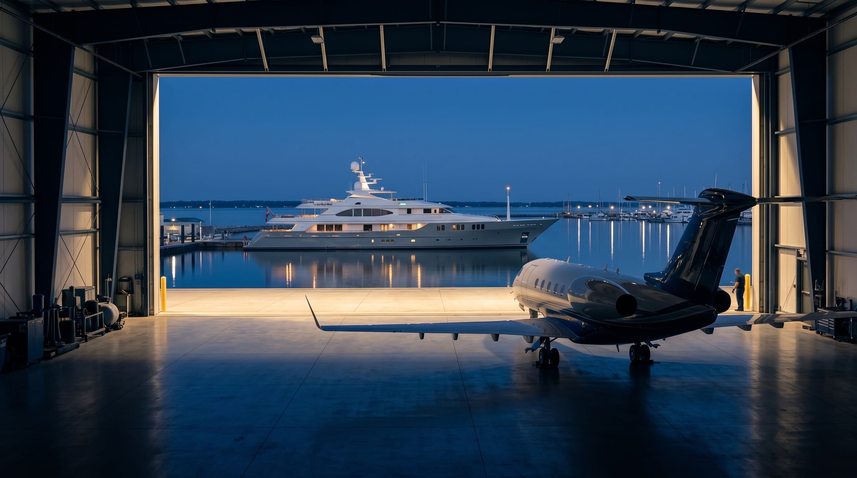 A superyacht and private jet at dusk